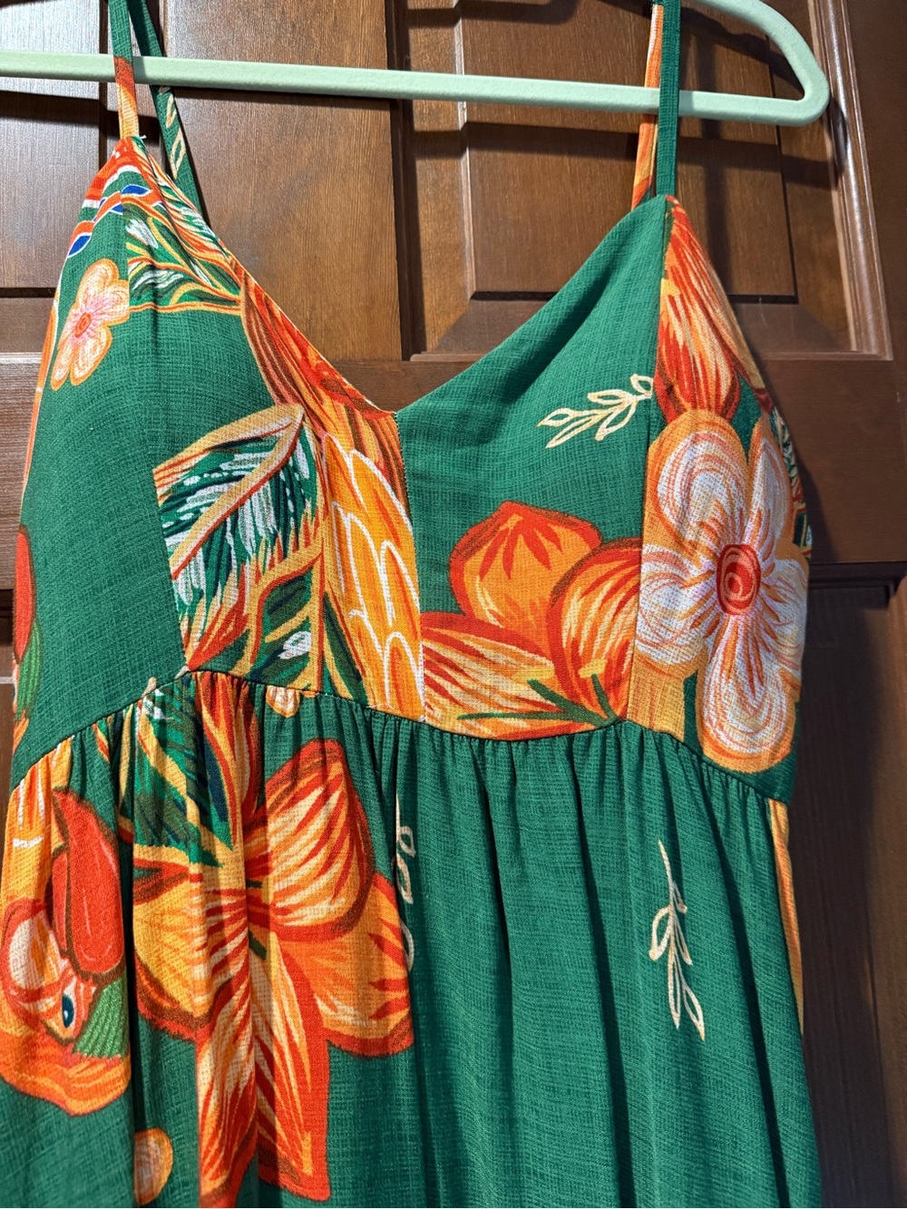 Green Floral Maxi Dress with Orange Accents - Picture 2 of 7